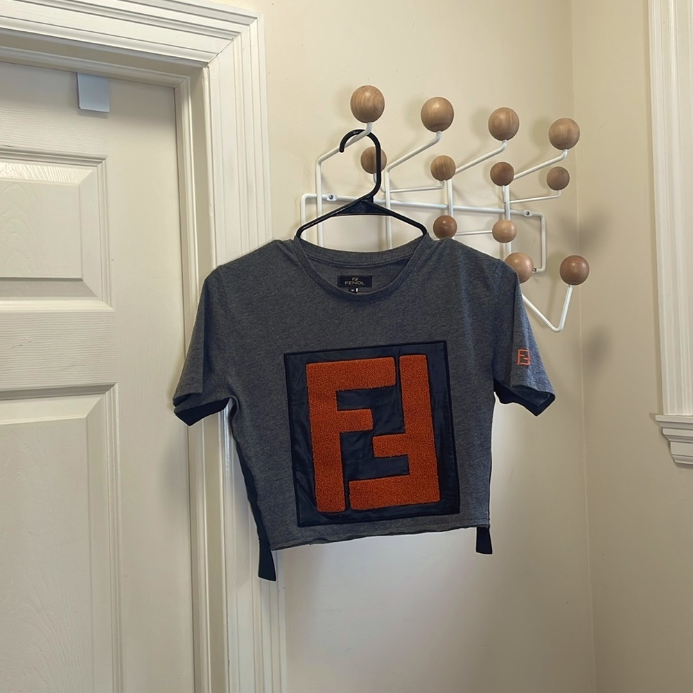 Fendi Gray Cropped Tee with Orange Logo
